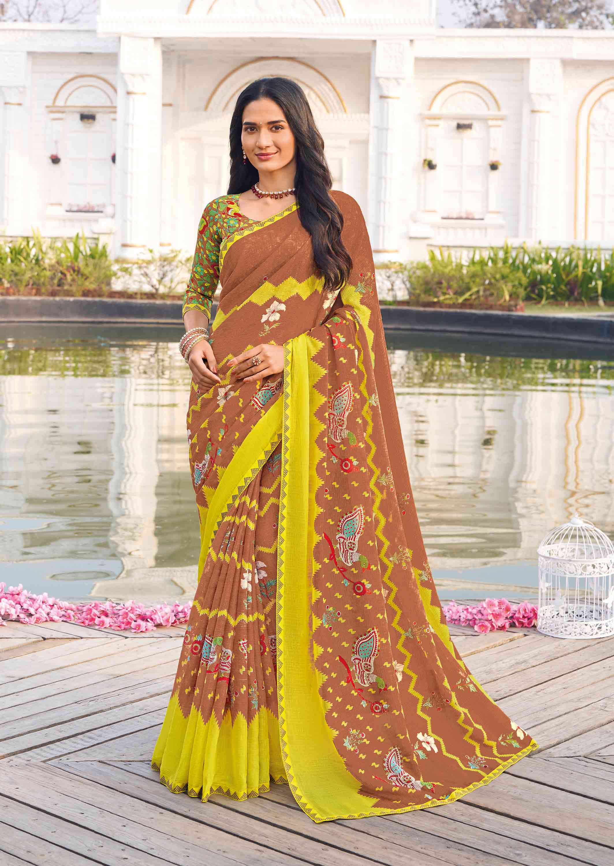 Brown chiffon swan motif printed saree