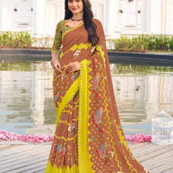 Brown chiffon swan motif printed saree