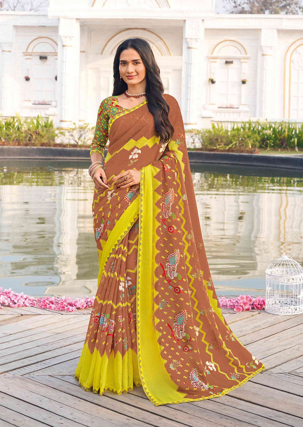 Brown chiffon swan motif printed saree