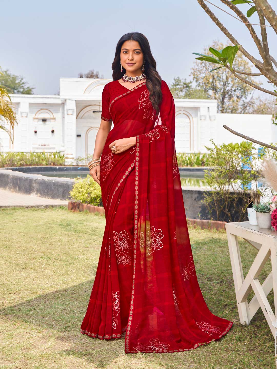 Red georgette floral printed saree 