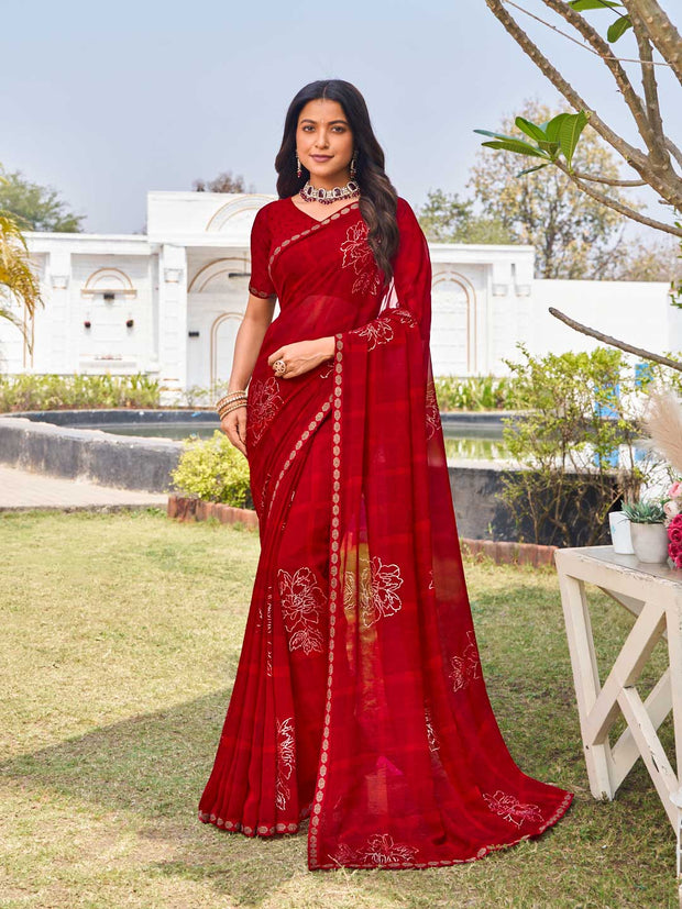Red georgette floral printed saree 