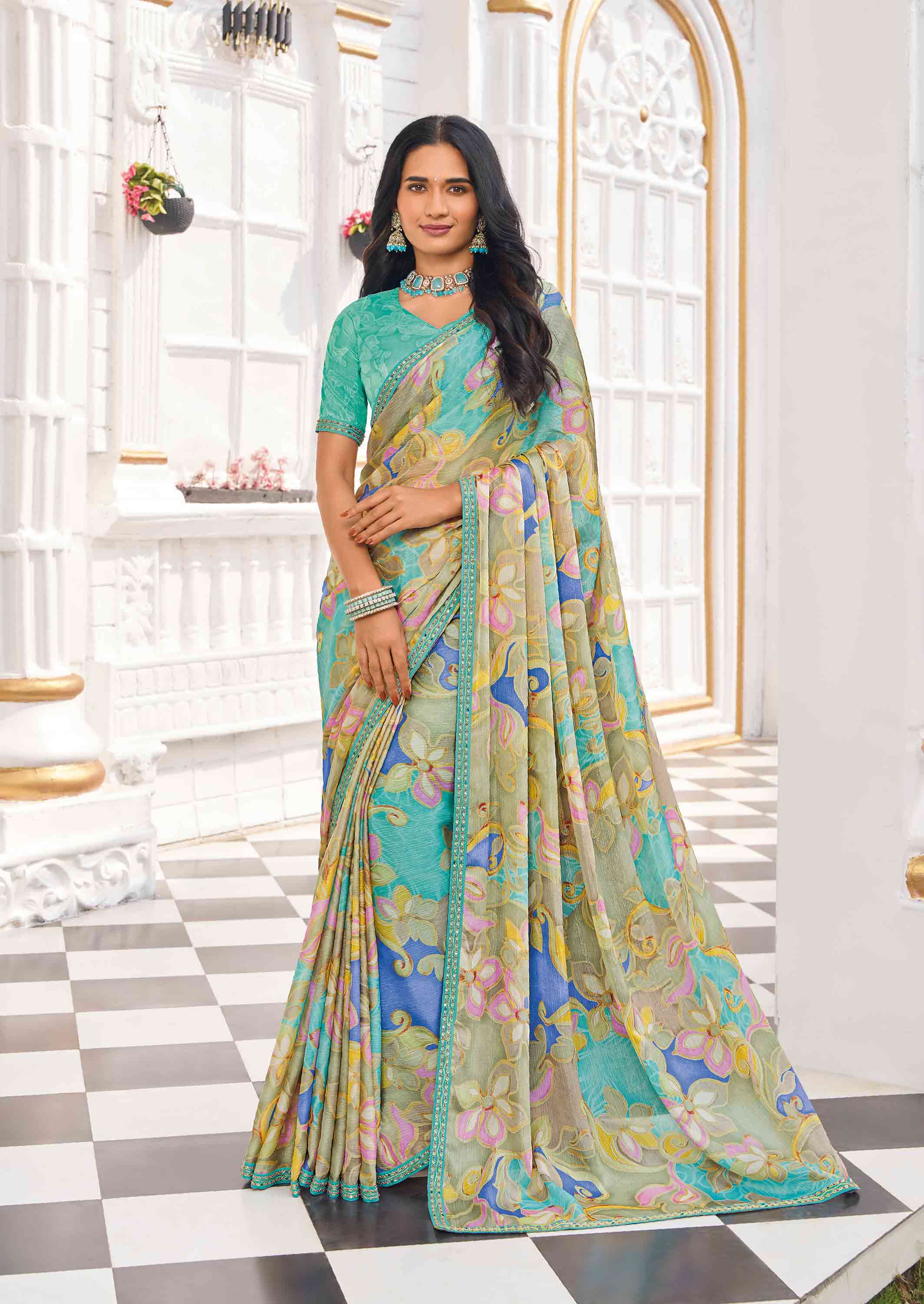 Blue silk blend floral printed saree