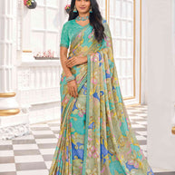 Blue silk blend floral printed saree
