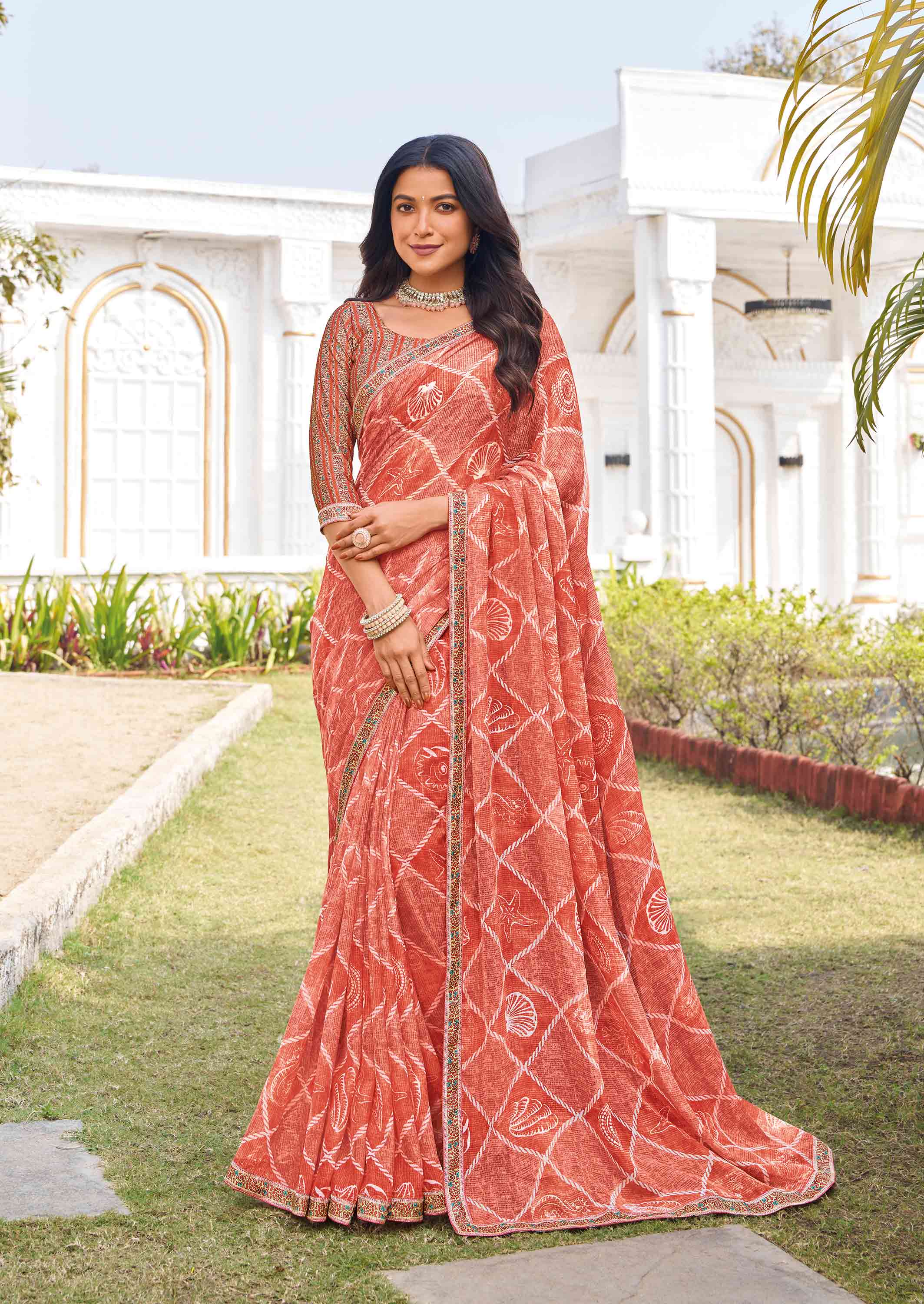 Peach chiffon floral printed saree