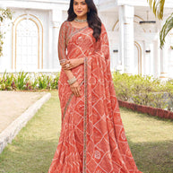 Peach chiffon floral printed saree
