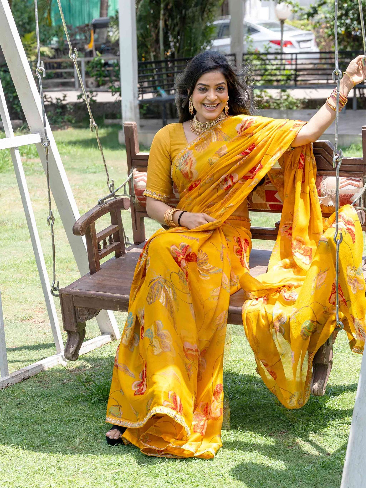 Mustard floral printed chiffon saree daily wear