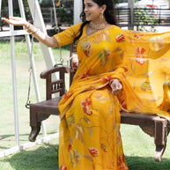 Mustard floral printed chiffon saree party wear 