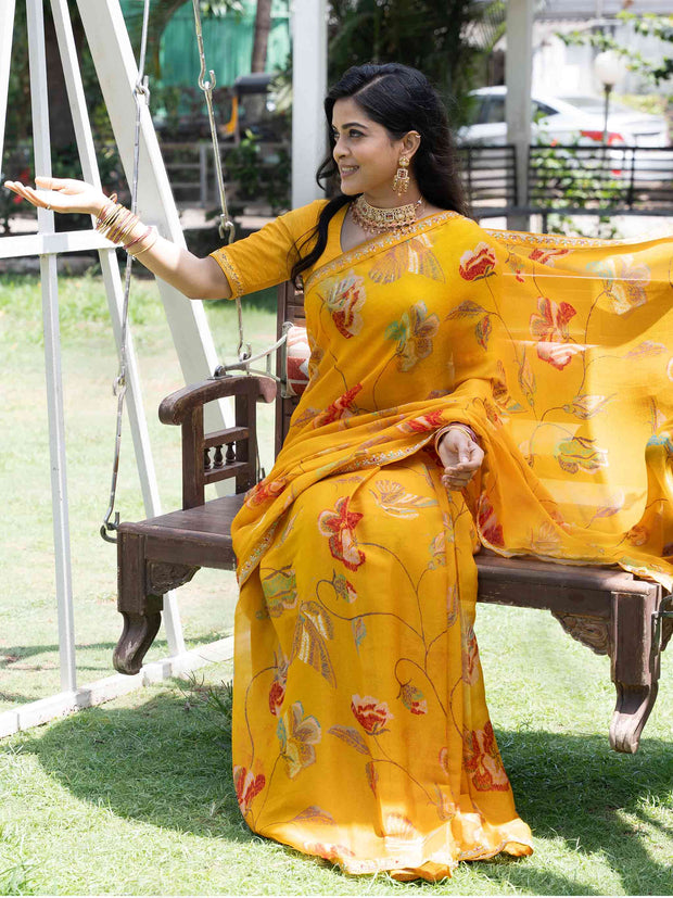 Mustard floral printed chiffon saree party wear 