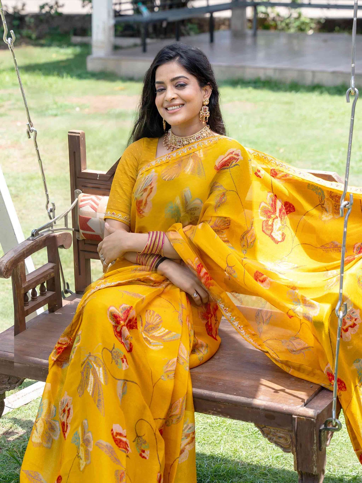  Mustard floral printed chiffon saree festive wear