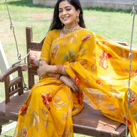  Mustard floral printed chiffon saree festive wear