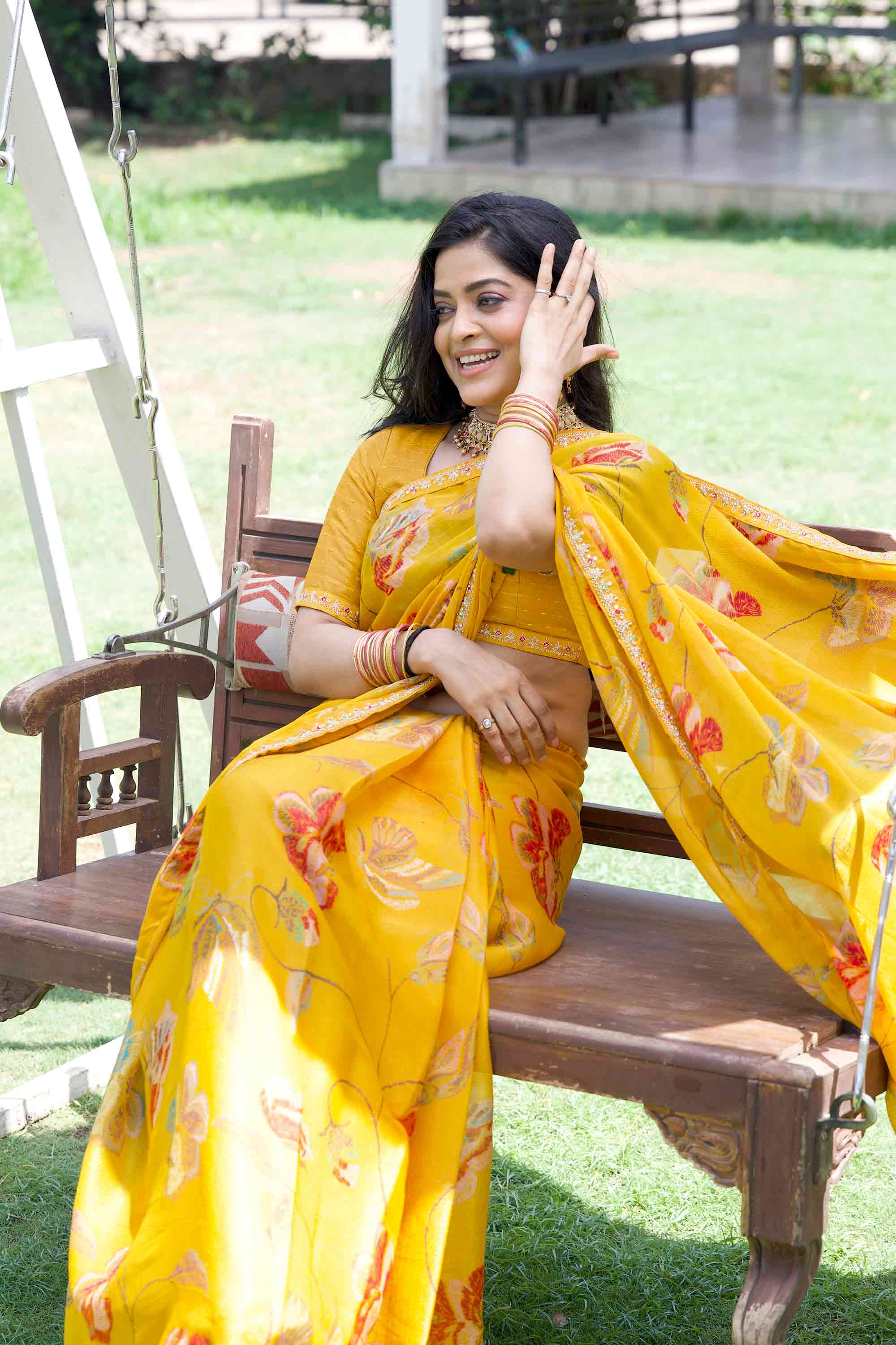 Mustard floral printed chiffon saree casual wear