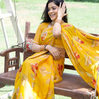 Mustard floral printed chiffon saree casual wear