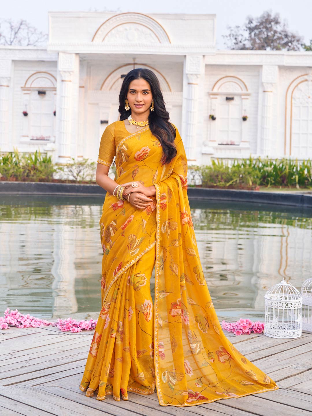 Mustard chiffon floral printed saree