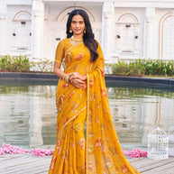 Mustard chiffon floral printed saree