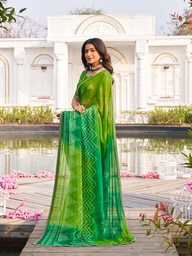  designer green chiffon printed saree