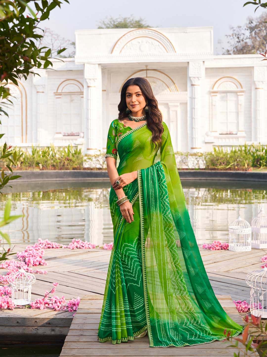 Green chiffon geometric printed saree 