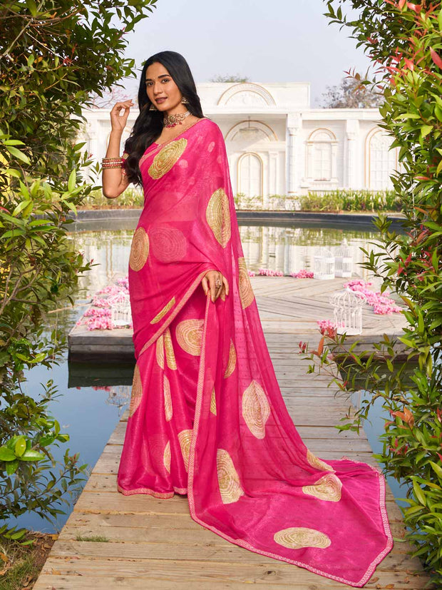 designer pink silk printed saree