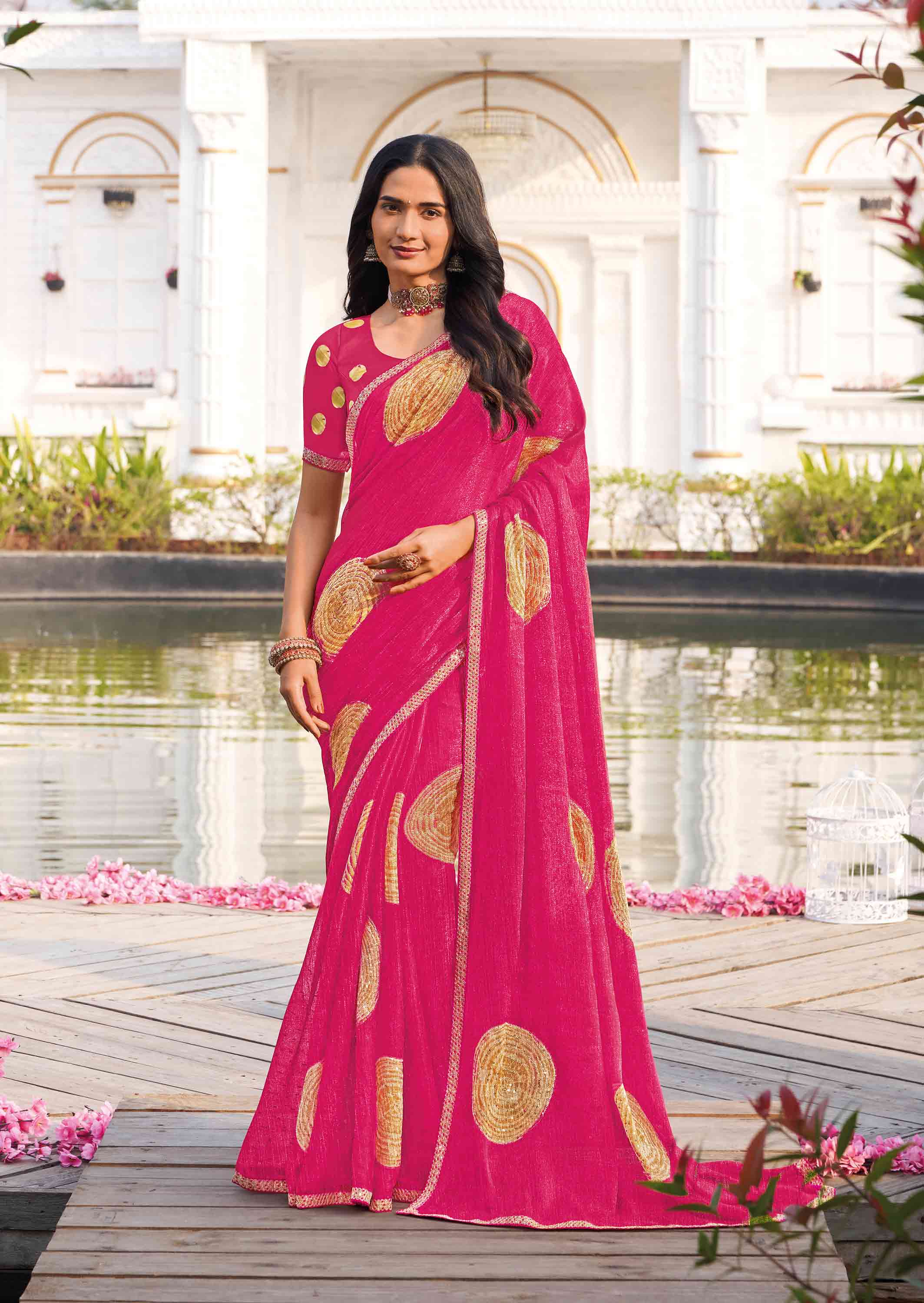 Pink silk blend geometric printed saree 