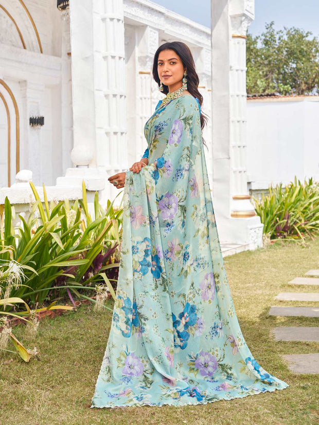 designer blue floral silk saree
