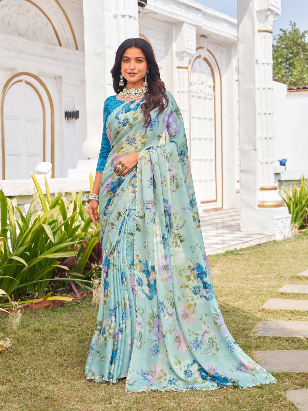  blue floral silk saree for festive wear