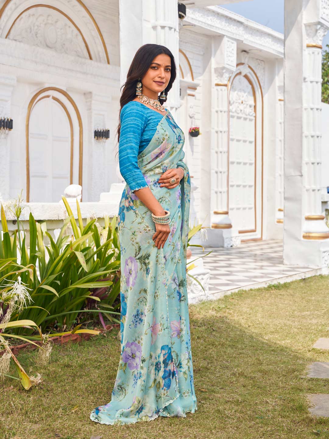 elegant floral printed silk saree