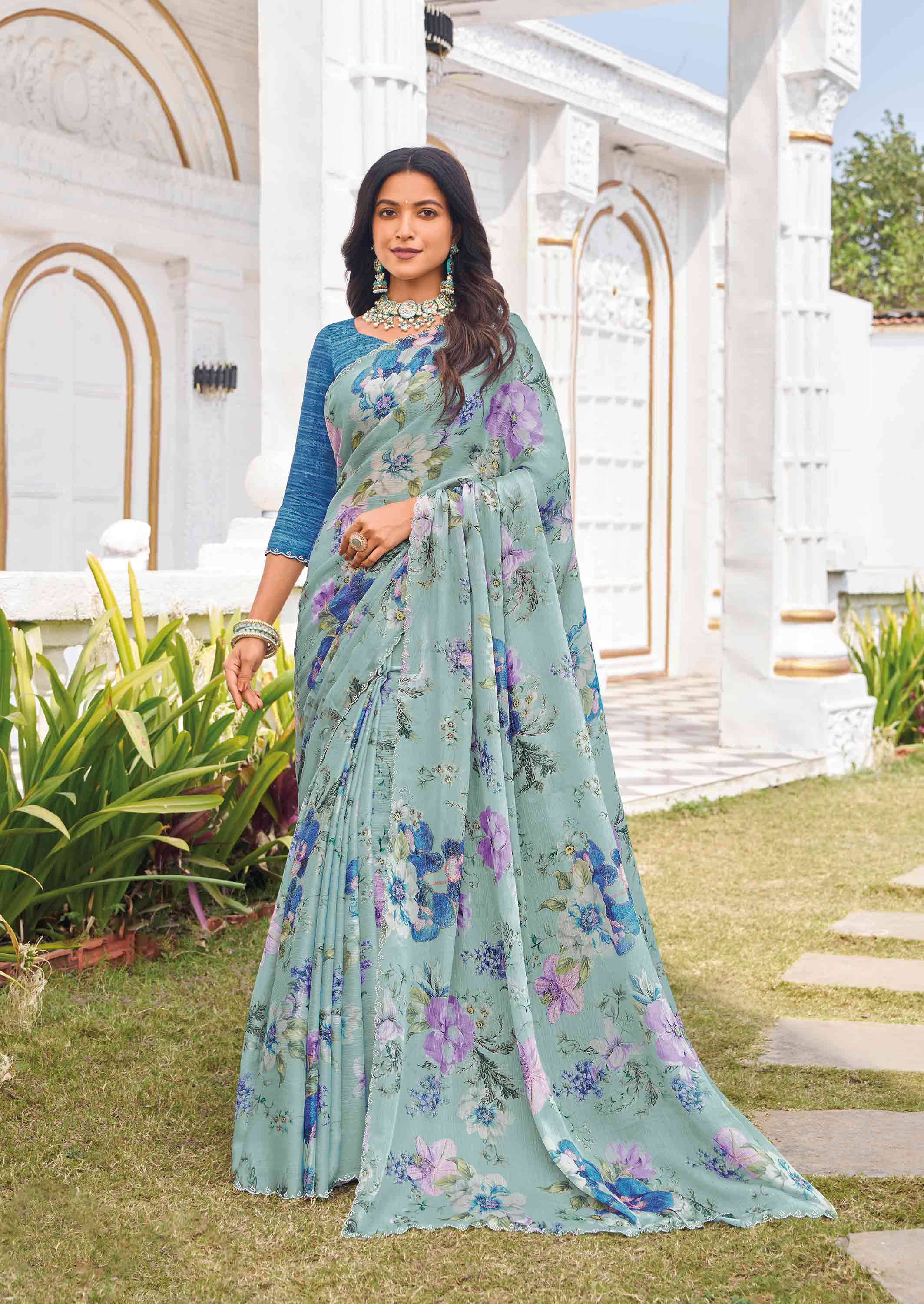 Blue silk blend floral printed saree