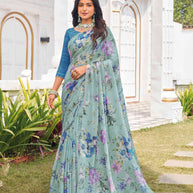 Blue silk blend floral printed saree