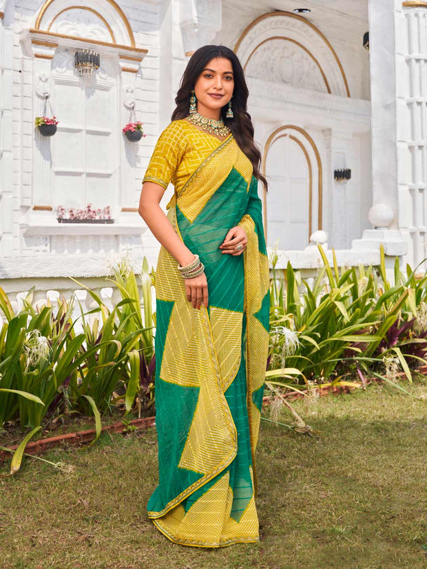  designer green printed chiffon saree