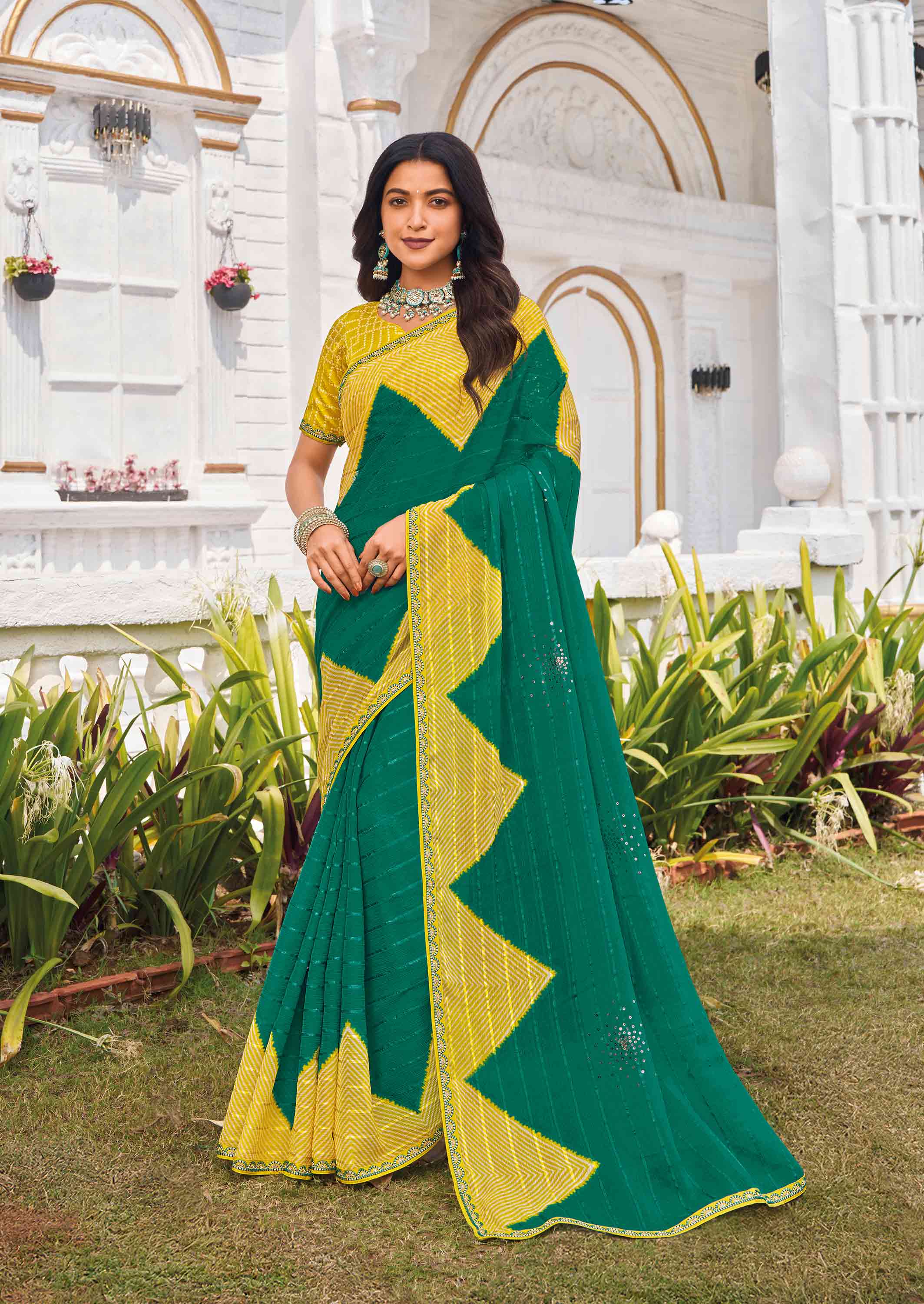 Green chiffon geometric printed saree 
