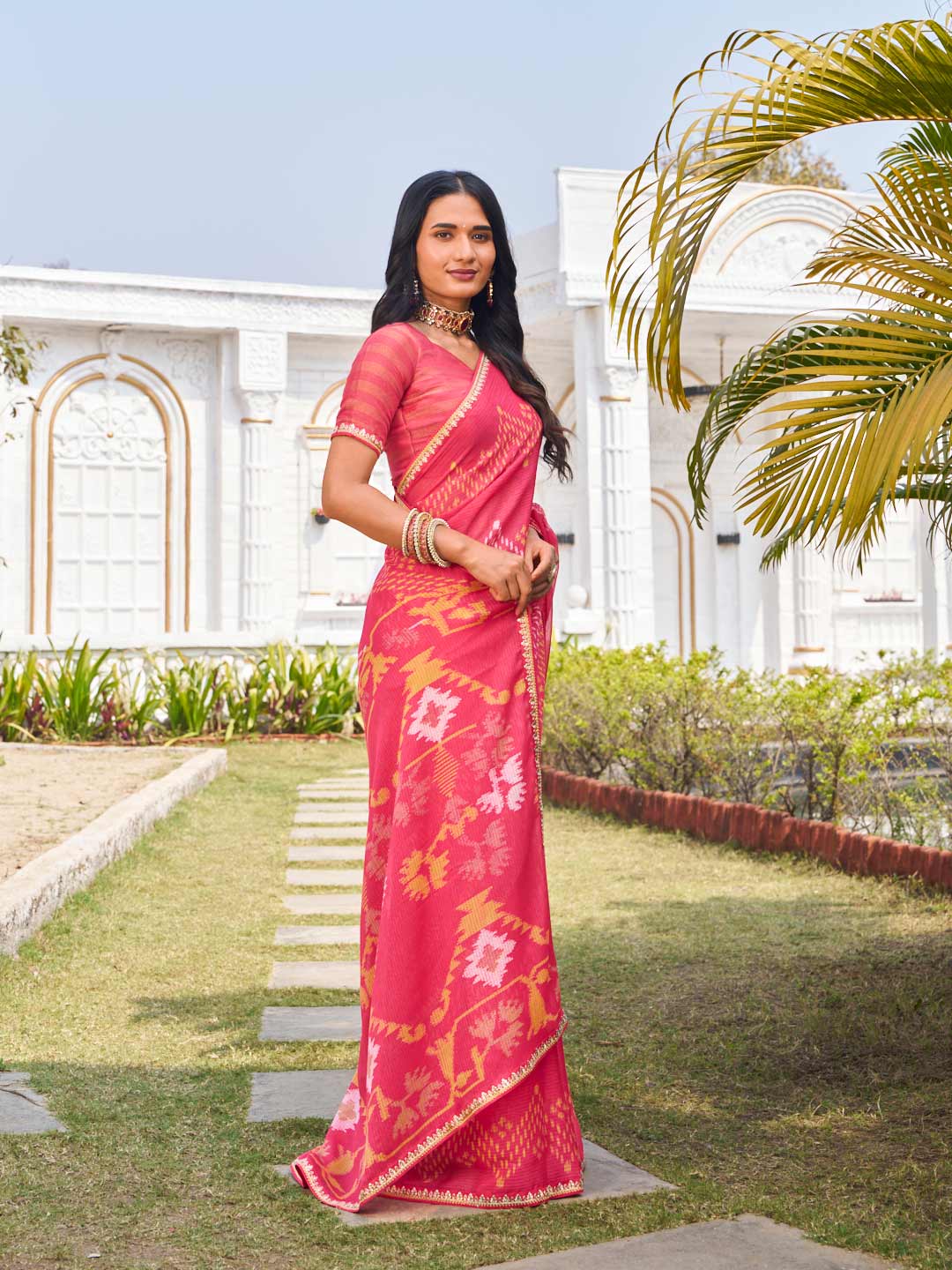  designer pink chiffon printed saree