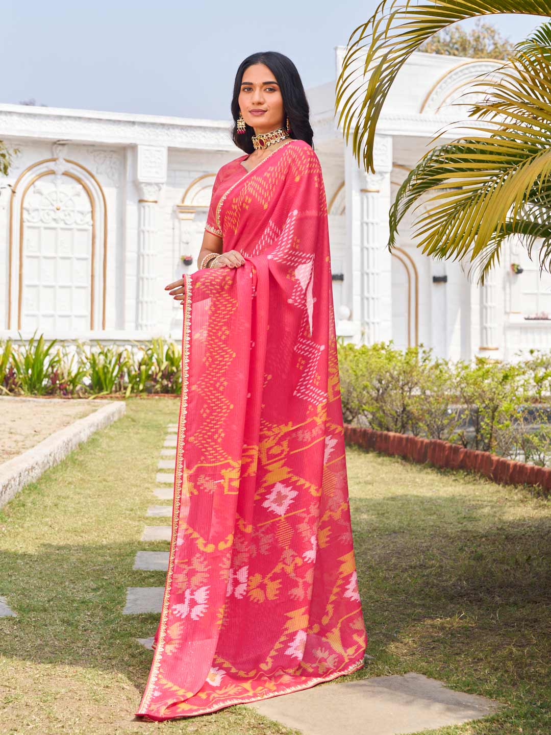 pink chiffon saree for festive wear