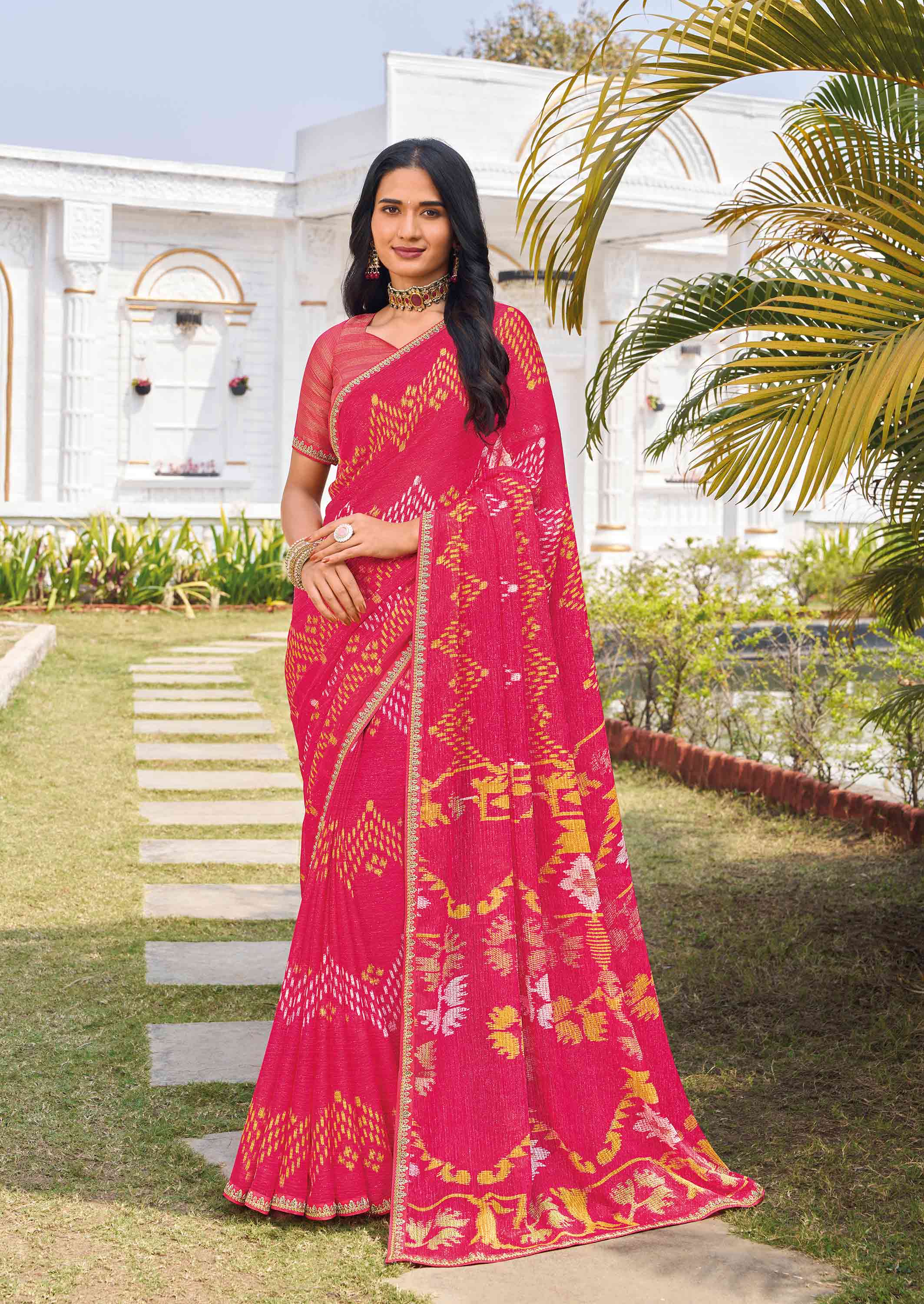 Pink chiffon geometric printed saree 