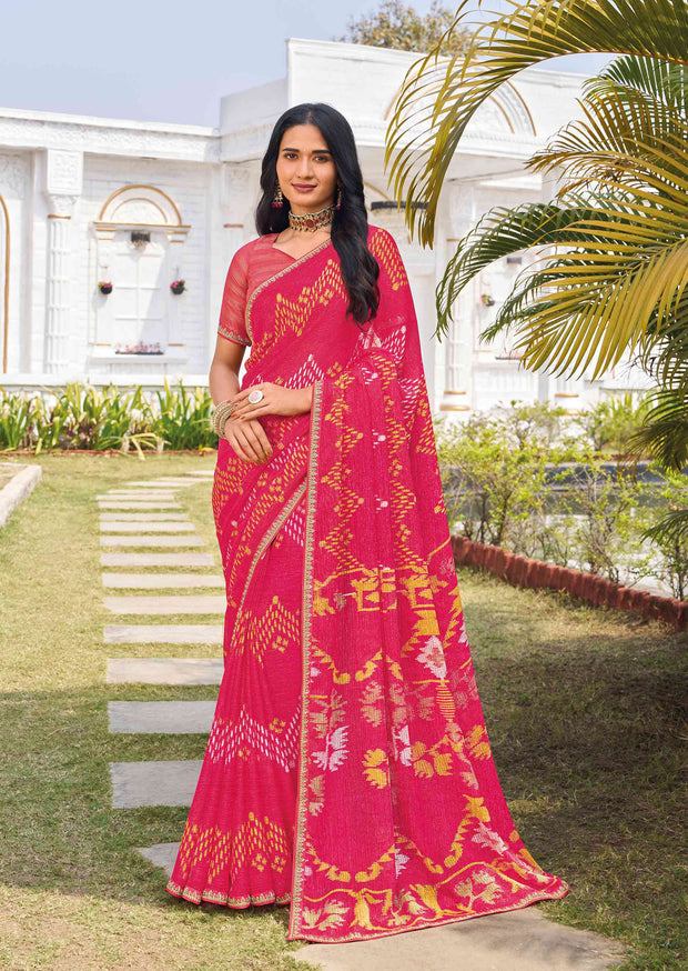 Pink chiffon geometric printed saree 