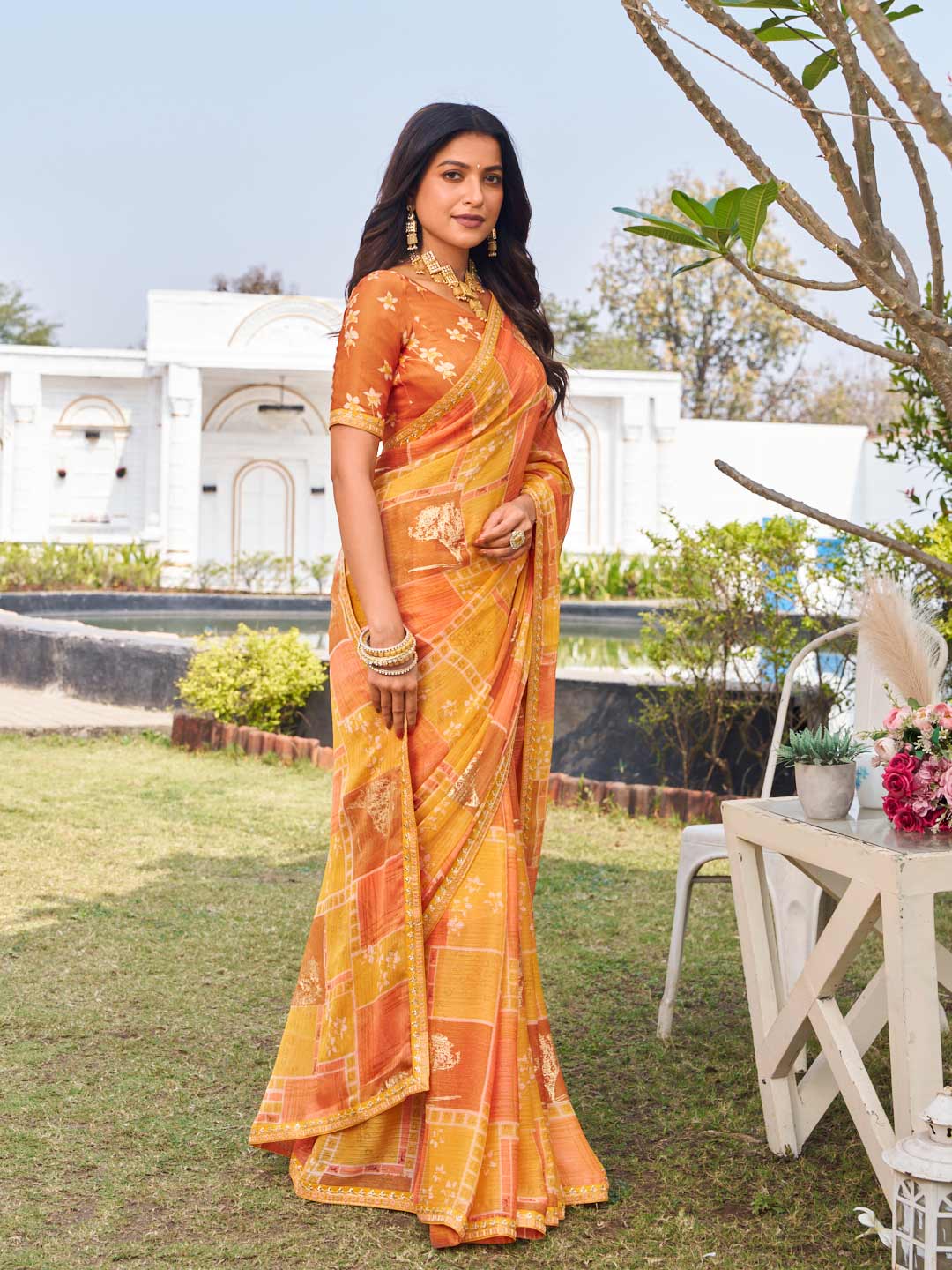 orange silk saree for festive wear 