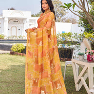  designer orange silk printed saree