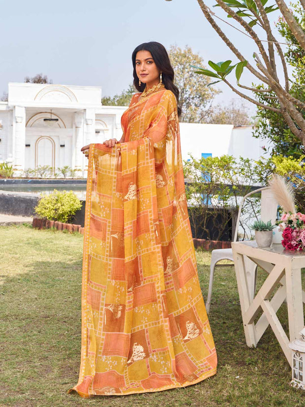  designer orange silk printed saree