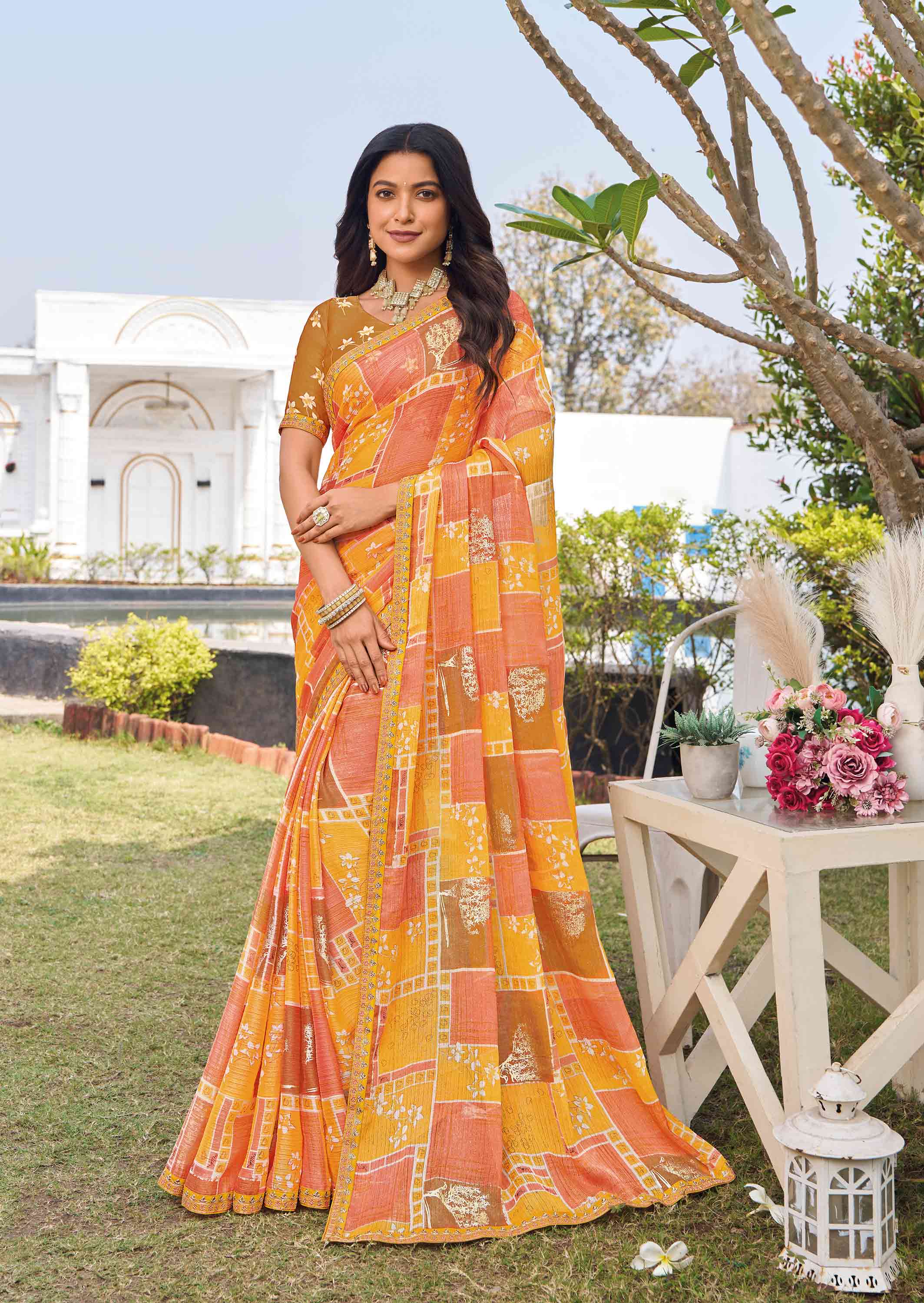 Orange silk blend geometric printed saree