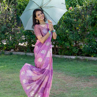 Purple checkered silk blend saree festive wear