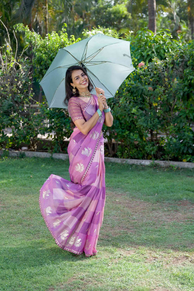 Purple checkered silk blend saree festive wear