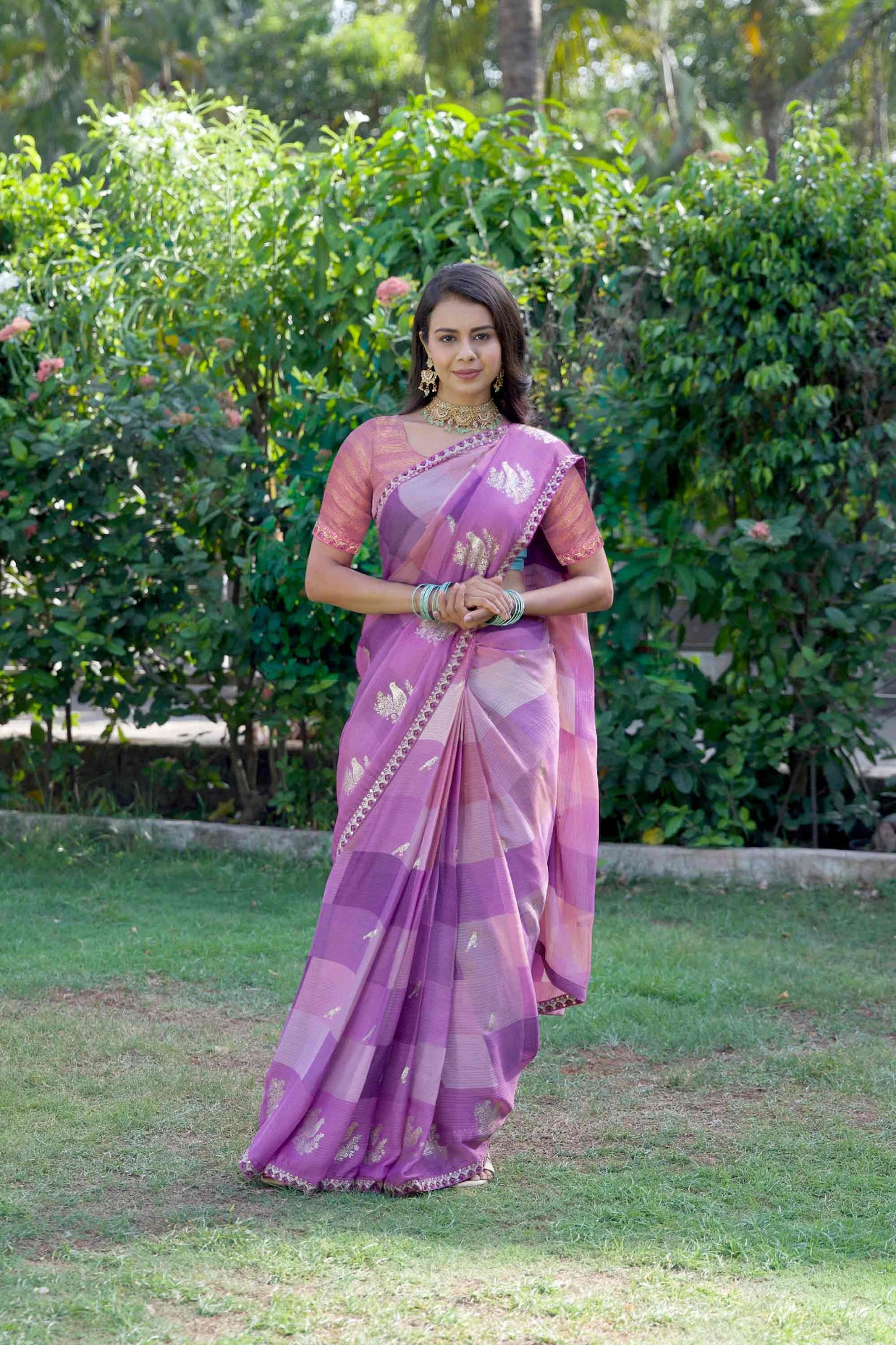 Purple checkered silk blend saree party wear