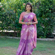 Purple checkered silk blend saree party wear