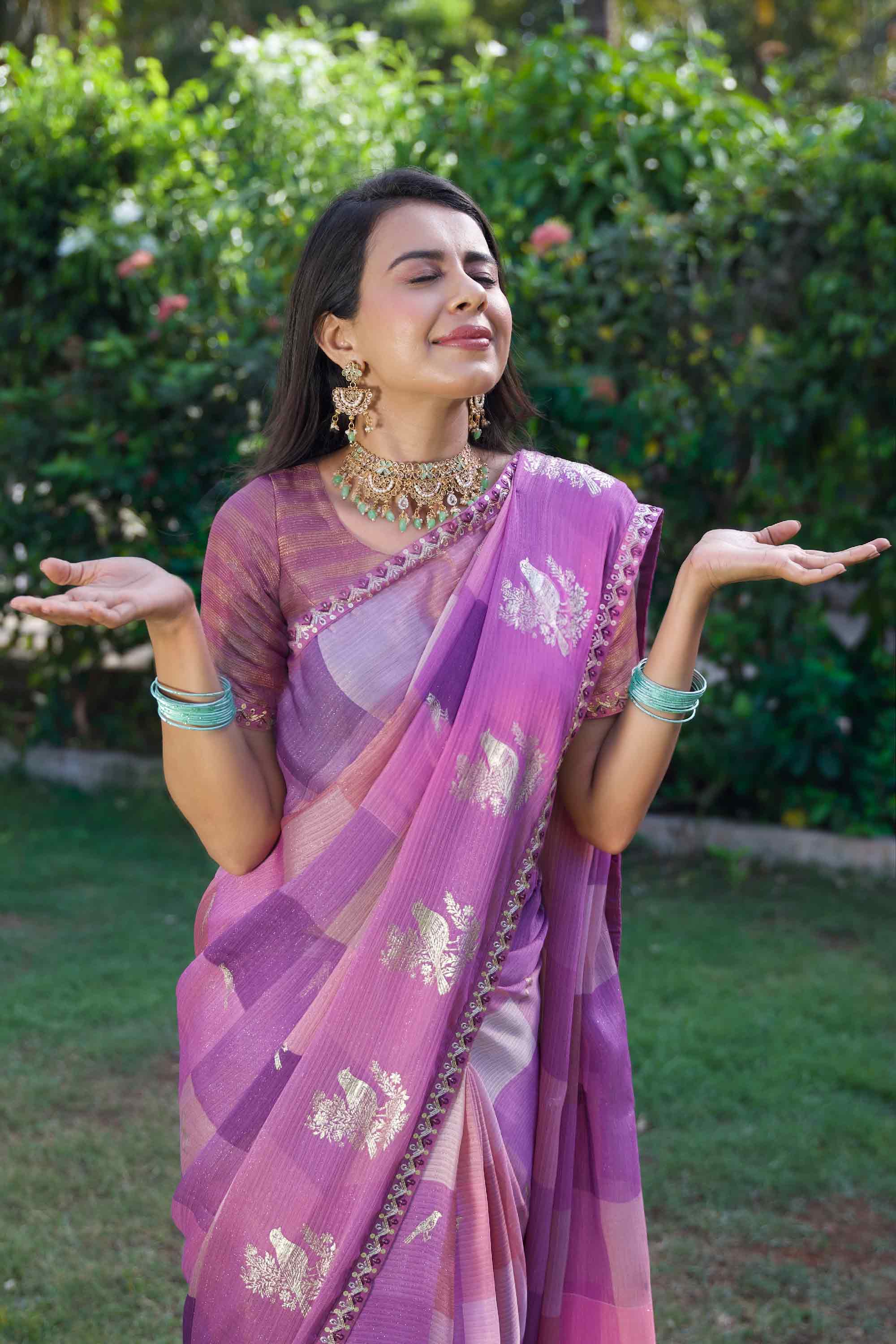 Purple shaded silk blend saree party wear