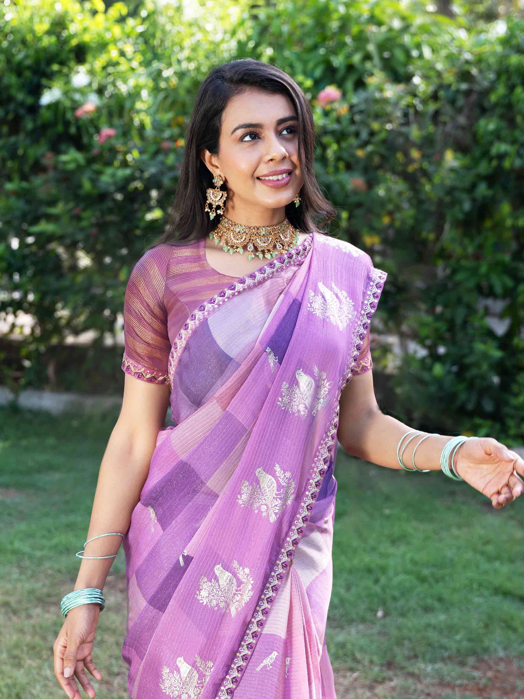 Purple checkered silk blend saree casual wear