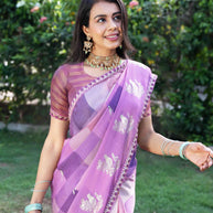 Purple checkered silk blend saree casual wear