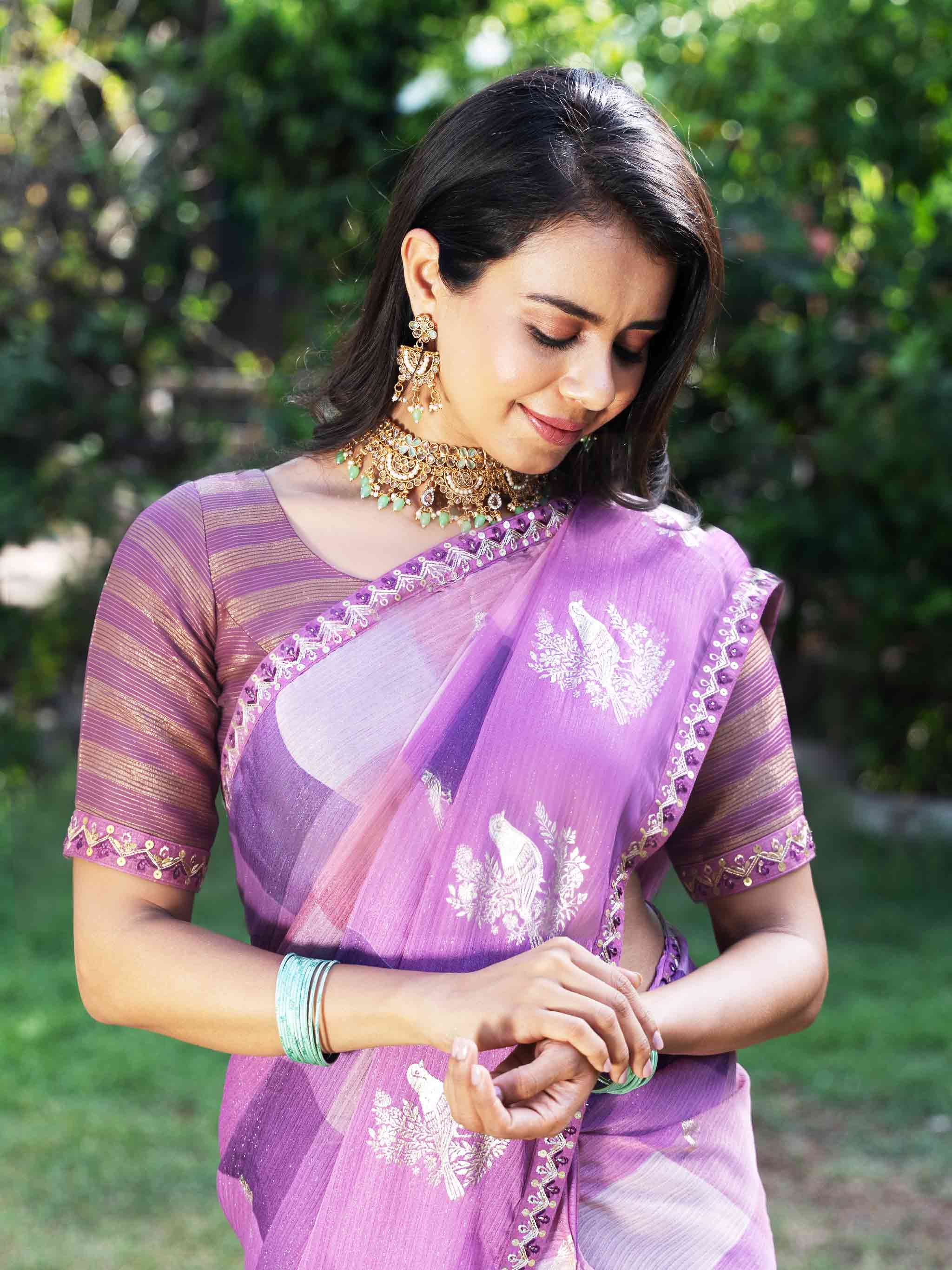 Purple embroidered silk blend saree wedding wear