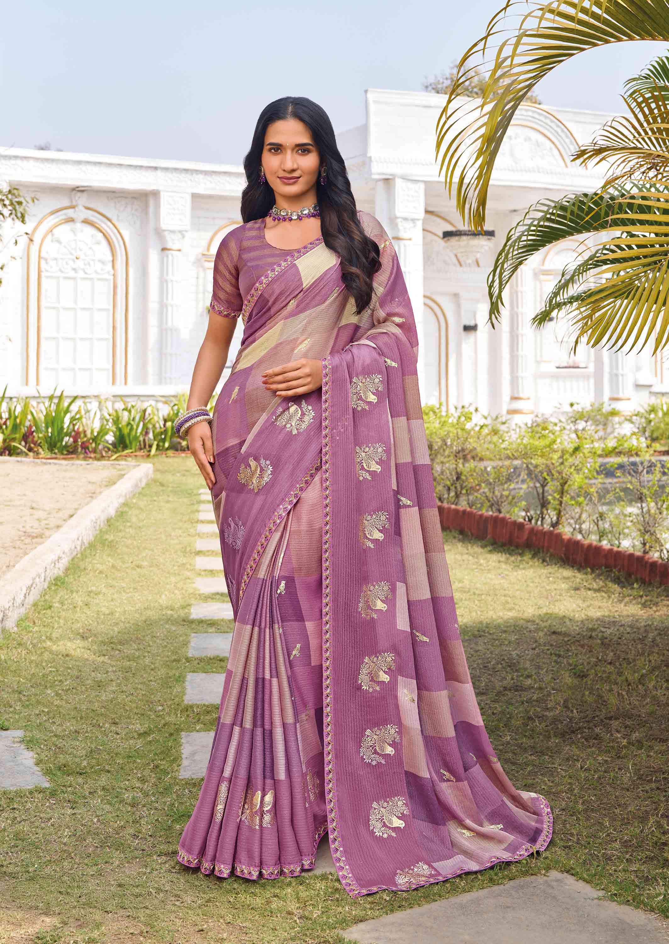 Purple silk blend sparrow motif printed saree
