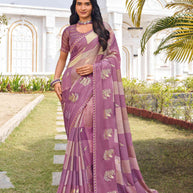 Purple silk blend sparrow motif printed saree