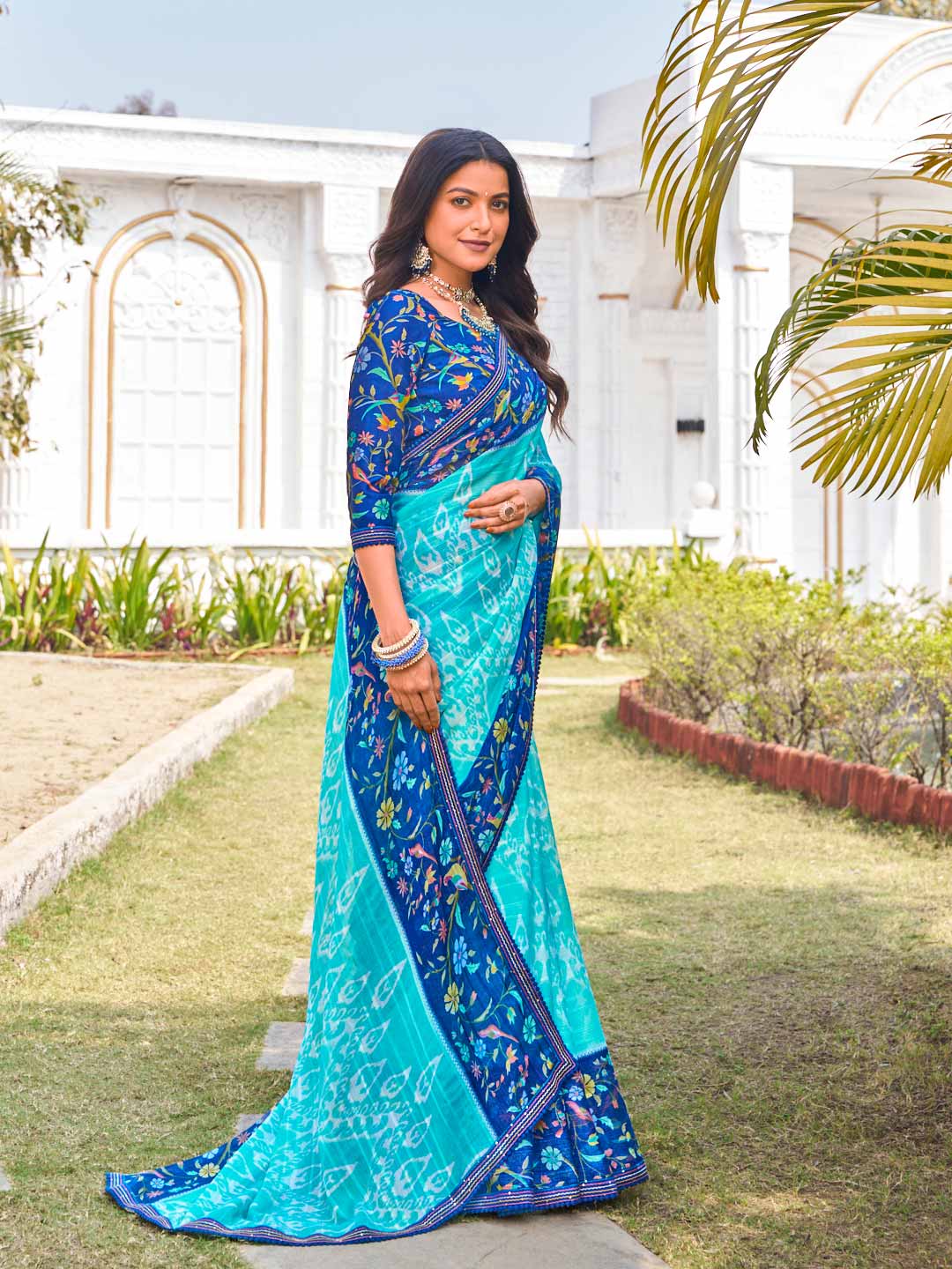 blue floral chiffon saree for festive wear 