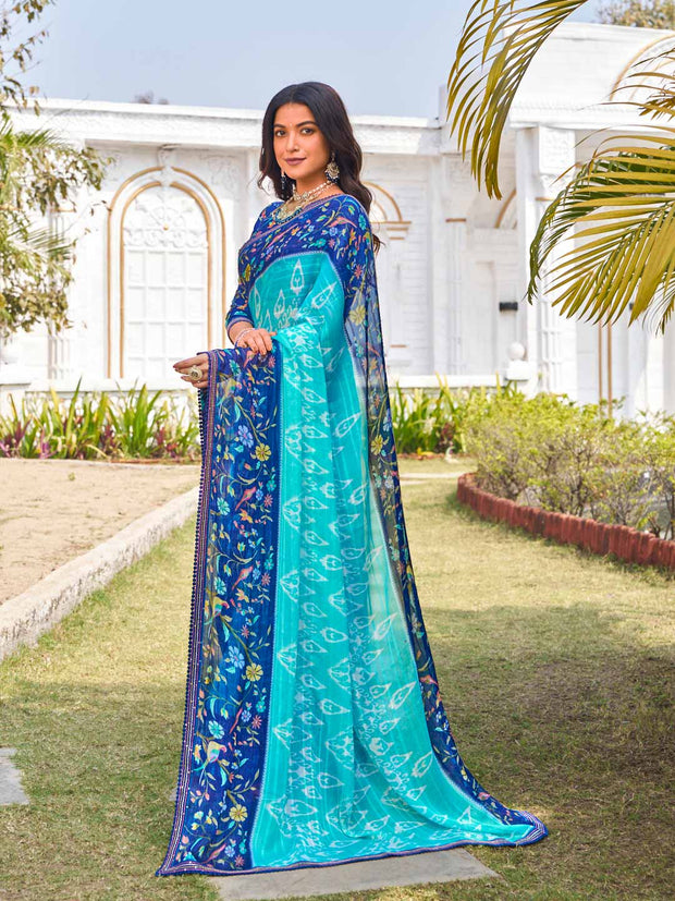  designer blue chiffon floral saree 