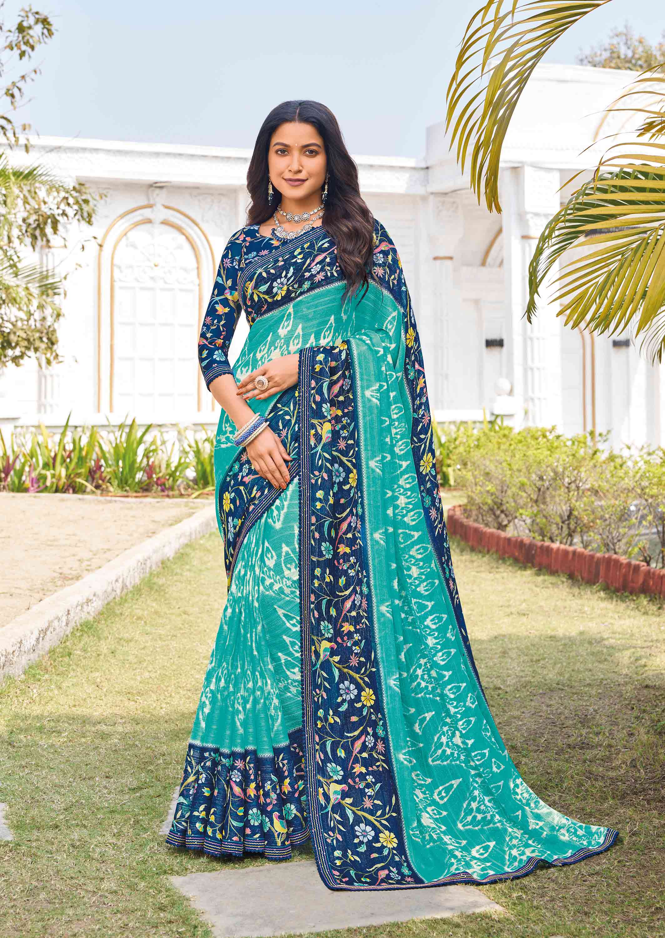 Blue chiffon floral printed saree 